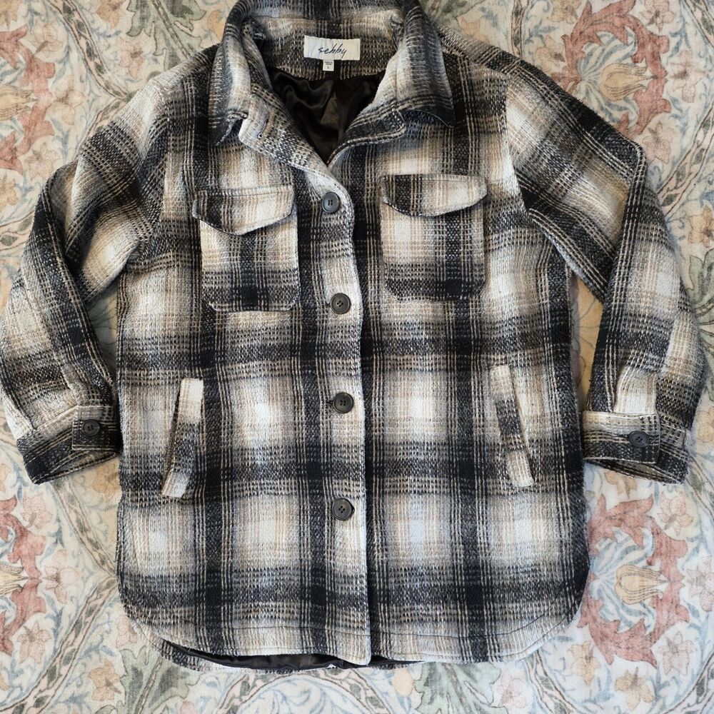 Sebby Women's Plaid Jacket Size Large - Heavy Weight - Black  / Tan / White